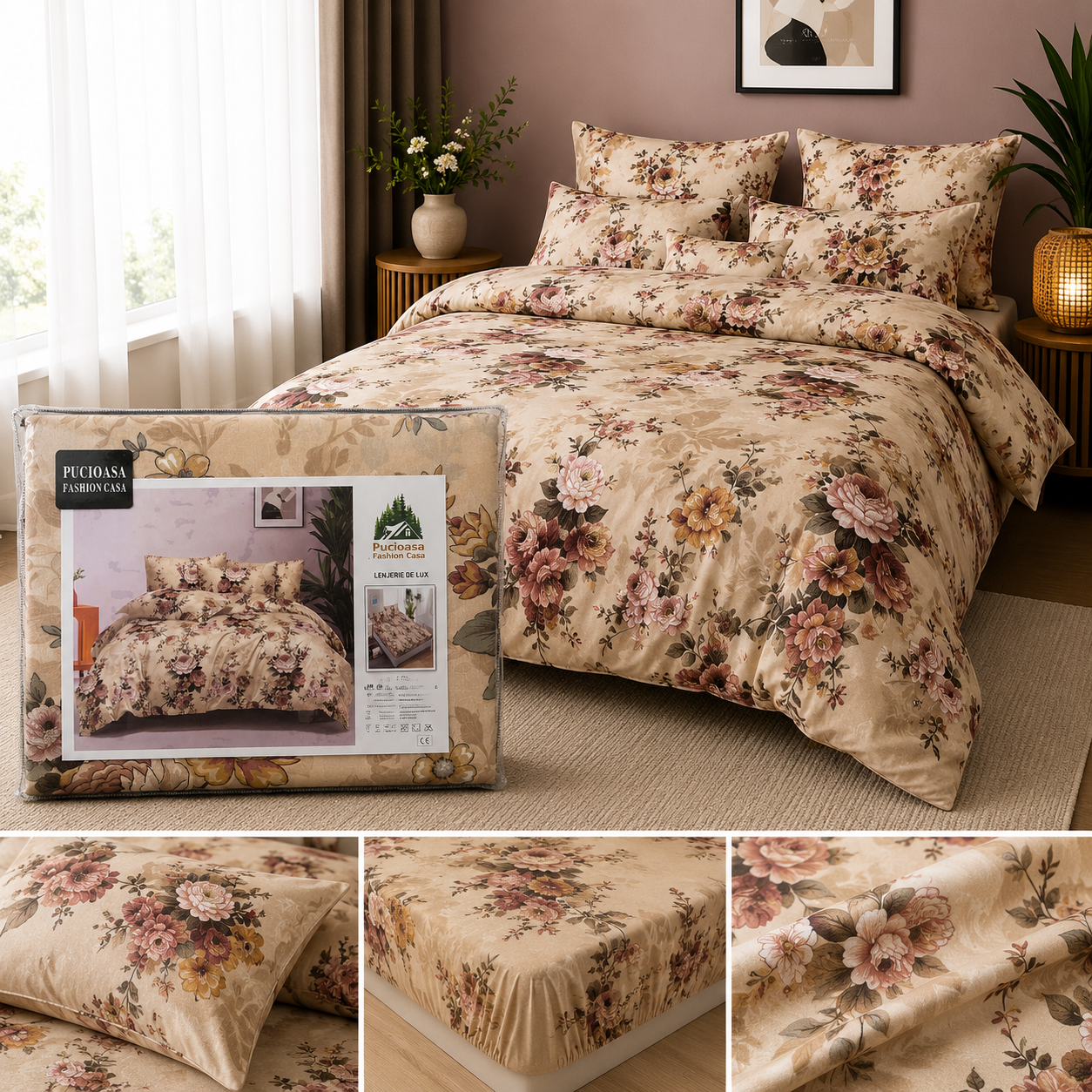 ✨ Lenjerie de Pat cu Elastic Premium Pucioasa – 4 Piese