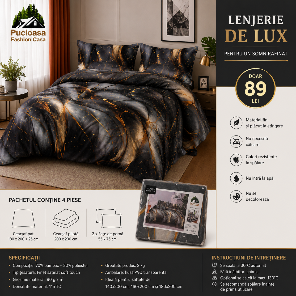 ✨ Lenjerie de Pat cu Elastic Premium Pucioasa – 4 Piese