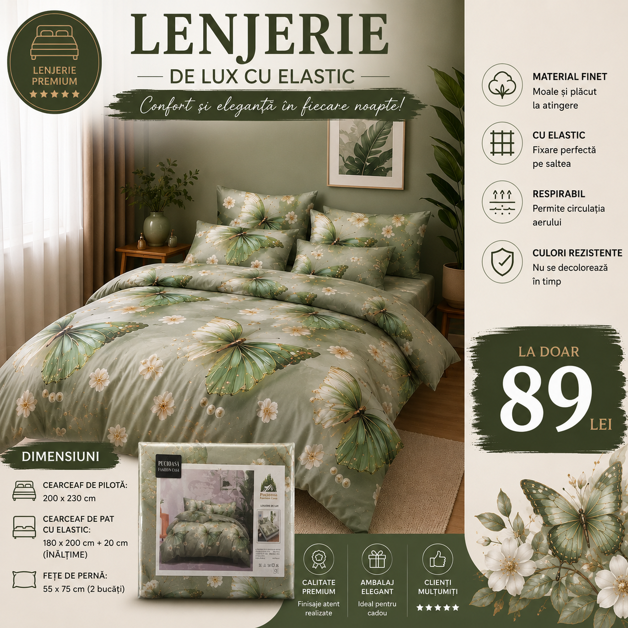✨ Lenjerie de Pat cu Elastic Premium Pucioasa – 4 Piese