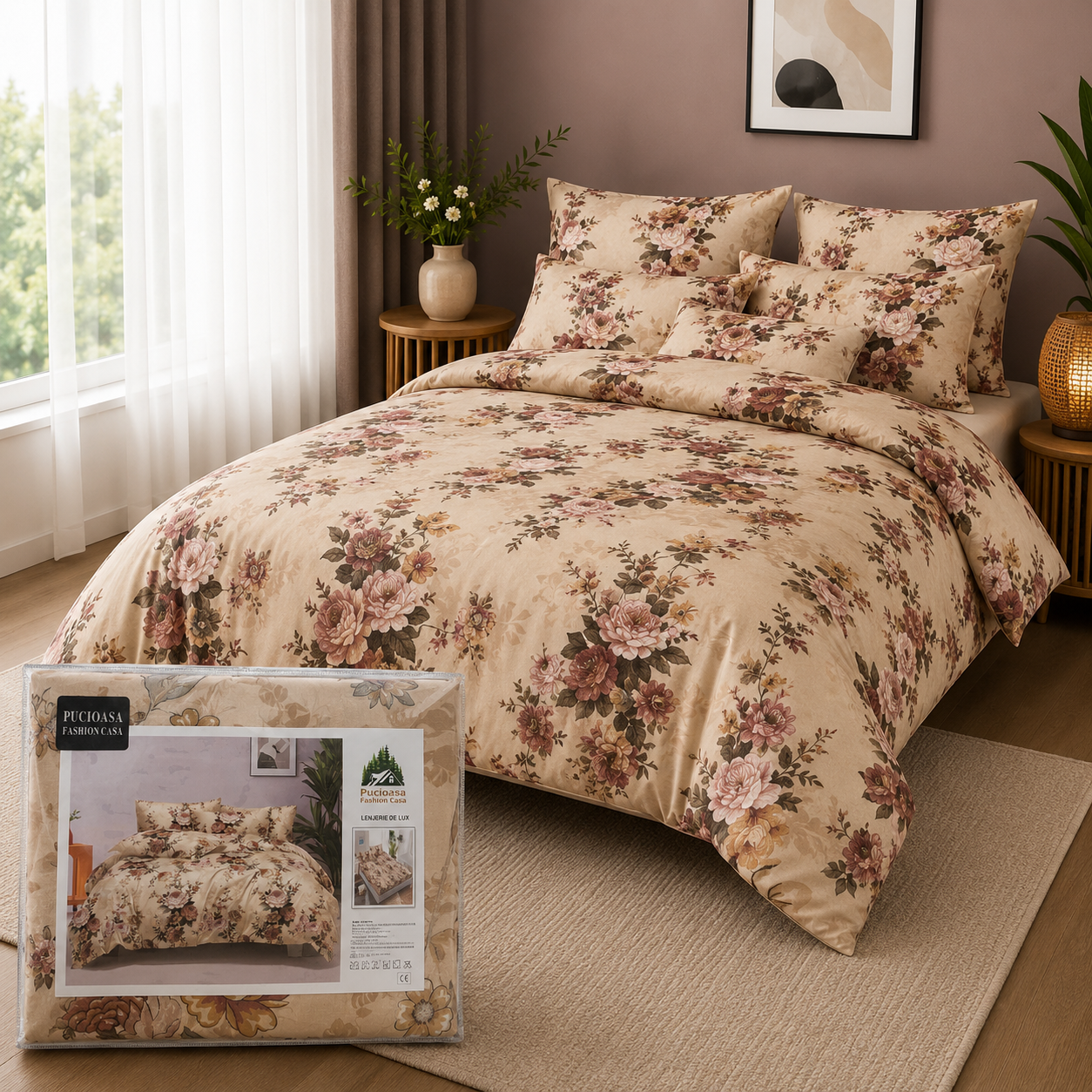 ✨ Lenjerie de Pat cu Elastic Premium Pucioasa – 4 Piese