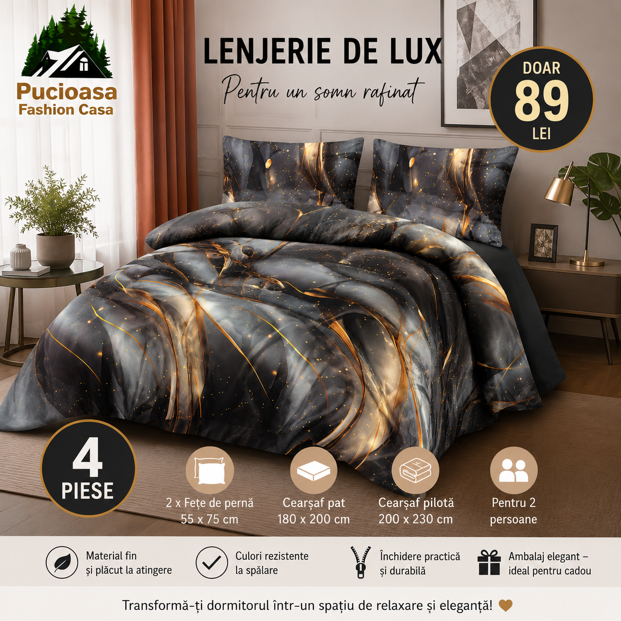 ✨ Lenjerie de Pat cu Elastic Premium Pucioasa – 4 Piese