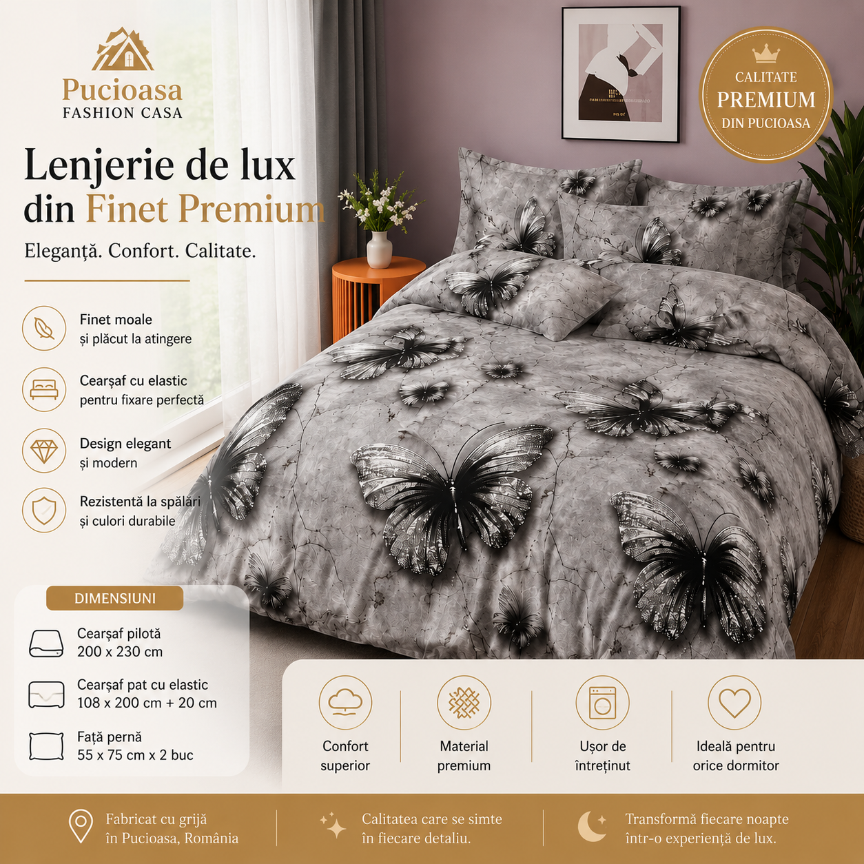 ✨ Lenjerie de Pat cu Elastic Premium Pucioasa – 4 Piese
