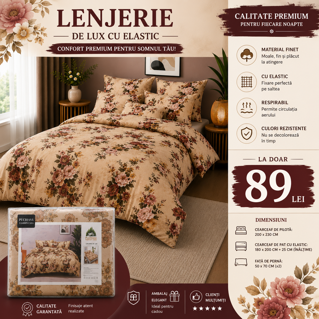 ✨ Lenjerie de Pat cu Elastic Premium Pucioasa – 4 Piese