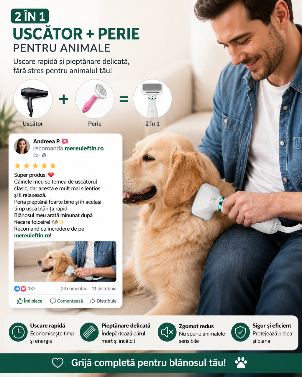 Perie pentru animale 2 in 1, functie de uscator de par