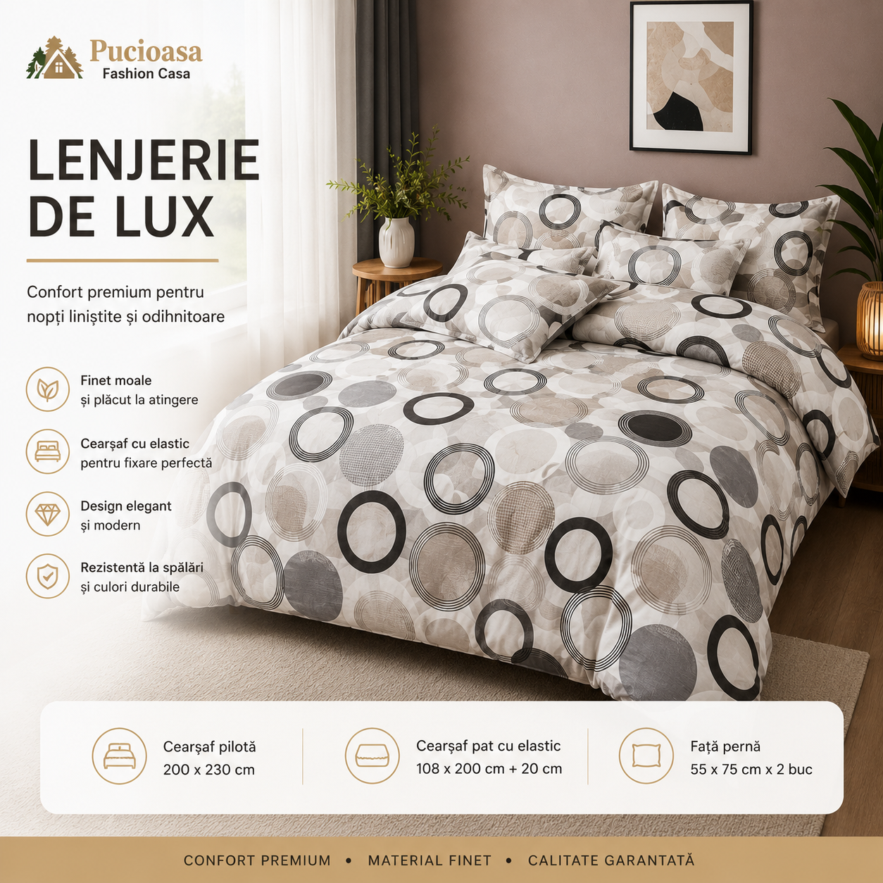✨ Lenjerie de Pat cu Elastic Premium Pucioasa – 4 Piese